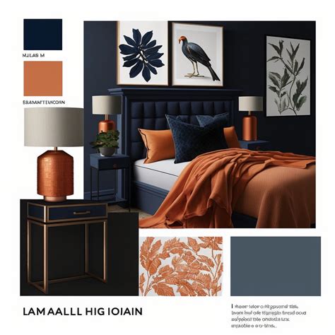 Modern Bedroom with Navy Blue & Burnt Orange Accents
