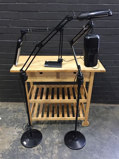 Lot - Pair of Modern Adjustable Floor Lamps & Matching Table Lamp