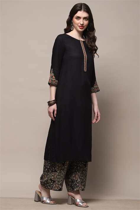 Black Rayon Straight Kurta Set at Biba India