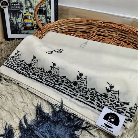 Warli Ready to Wear, Pure Cotton White Saree with Block Print for Women ...