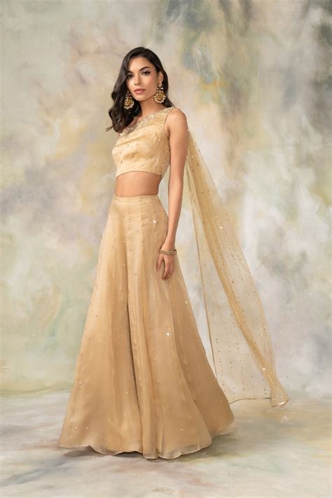 Gold Sequin Embellished Crop Top And Sharara Set – Pooja Peshoria