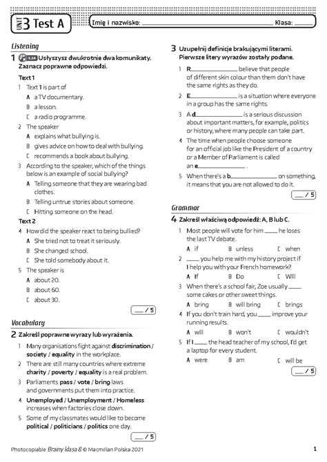 Brainy kl8 Unit Test 4 A - test - UNIT 4 Test A 1 Listening 1 3 ...