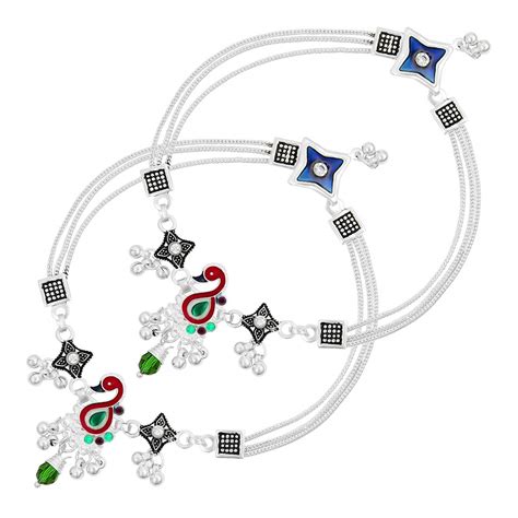 Nakabh Indian Traditional Ethnic Silver Plated Pair of Payal Anklet ...