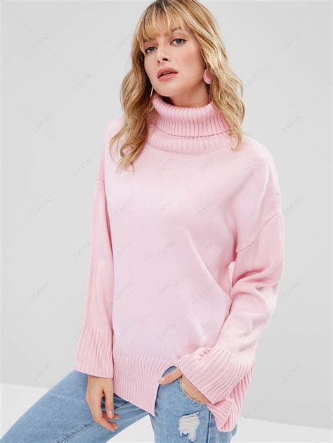 Slit Oversized Turtleneck Sweater In PINK | ZAFUL 2023