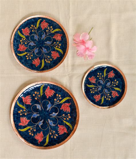 EkiBeki Handcrafted Copper Enamel Swirling Lotus Navy Blue Wall Plate ...