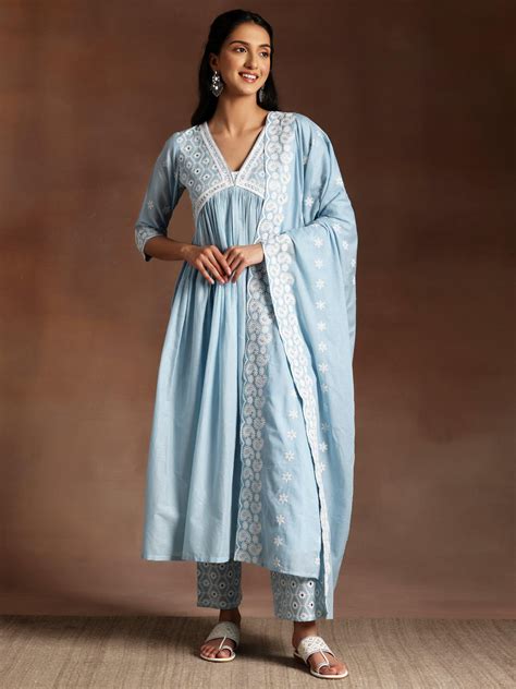 Buy Blue Embroidered Cotton A-Line Kurta With Palazzos & Dupatta Online ...