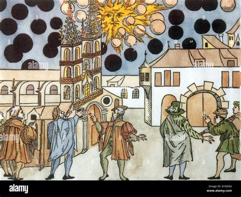 Woodprint by Samuel Coccius on the 1561 celestial phenomenon over Nuremberg. At sunrise on the ... - painting of ufo battle