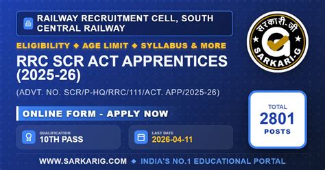 Railway RRC SCR Apprentice Recruitment 2026 Online Form for 2801 Posts