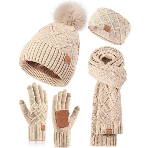 4-Piece Winter Set: Hat, Scarf, Gloves, Headband for Women Touchscreen ...