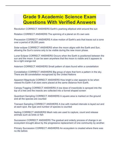 Grade 9 Academic Science Exam Questions With Verified Answers - Grade 9 ...