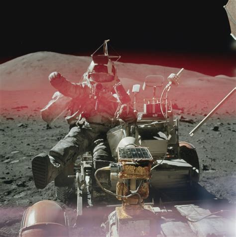 Apollo 17 - Harrison "Jack" Schmitt jumping into the Moon Buggy during EVA-3. Taken by Eugene ...