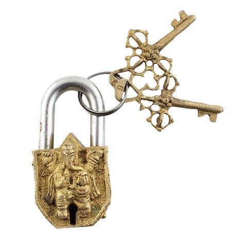 Brass Engraving Ganesha Idol Sculpture Pad Lock With Keys in Pair