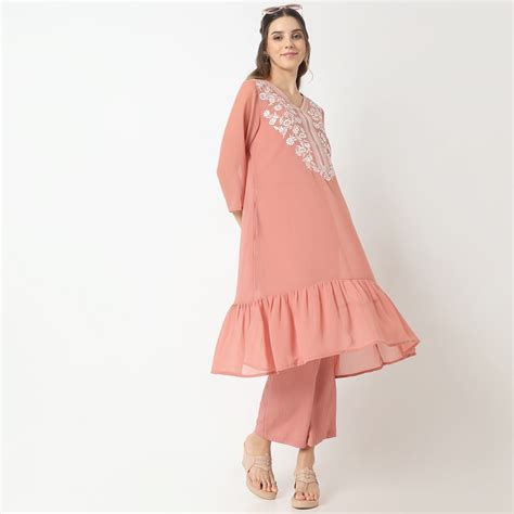 Flare Fit Embroidered V-Neck Slip and Kurta with Pant Set - Style Unio