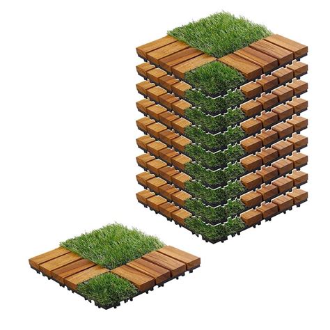 Sharpex Artificial Grass Wooden Deck Tiles with Interlocking | 10 Piece ...