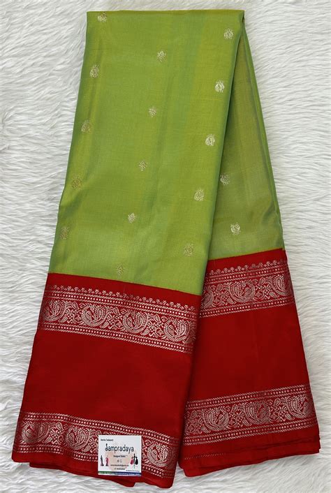 Gadwal Silk Saree Avocado Green color with a Red Kanchi Gap Border ...