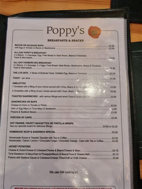 Menu at Poppy's Restaurant, Skegness