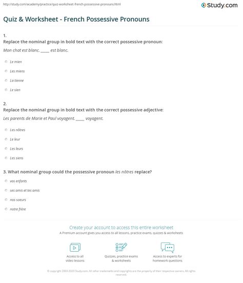 Quiz & Worksheet - French Possessive Pronouns | Study.com