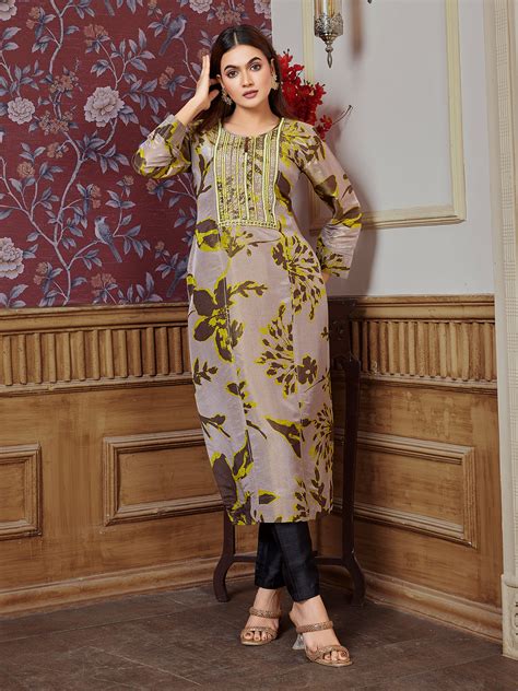 Brown Floral Print Kurti – Dressline Fashion