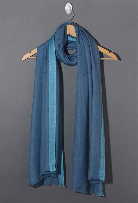 Striped Border Pashmina - Blue with sky border – OMVAI India