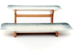 EZ Life 2 Layer Gray & White Ceramic Platters on Wooden Stand - 1 Set ...