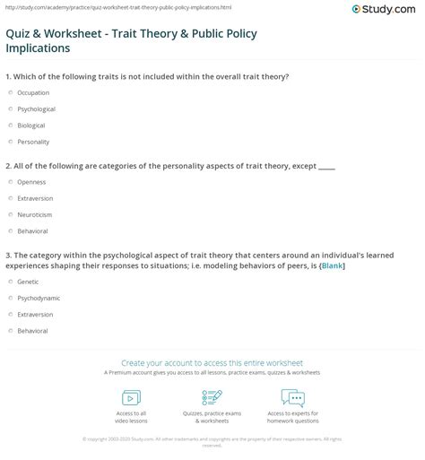 Quiz & Worksheet - Trait Theory & Public Policy Implications | Study.com