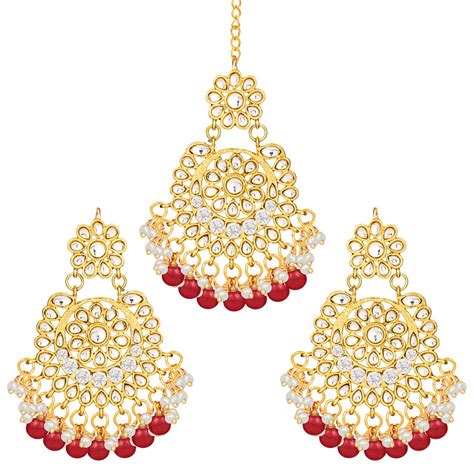 Buy Peora Traditional Jewellery 18K Gold Plated Kundan Pearl Maang ...