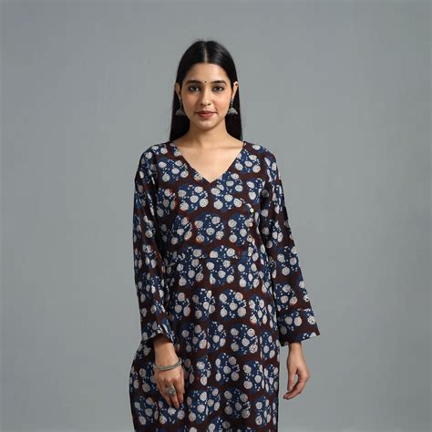 Brown Block Printed Cotton Straight Bagru Kurta for Women