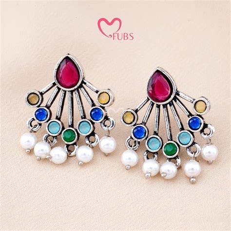 Set Of 12 Oxidized Designer Stud Earrings With Folding Jewelry Box – FUBS