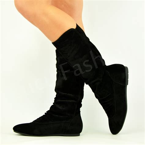 New Womens Ladies Low Flat Heel Pull On Mid Calf Boots Winter Fashion ...