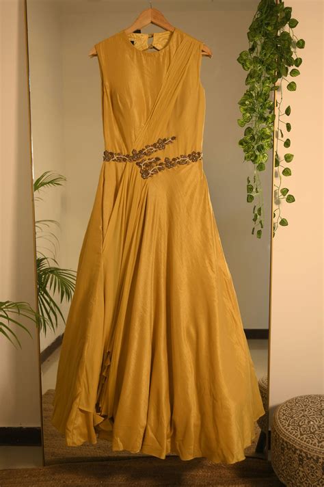 Mustard yellow zardosi pearl work gown – Stage3