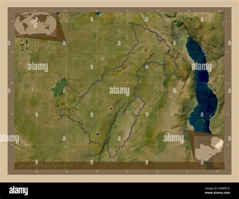 Muchinga, province of Zambia. Low resolution satellite map. Locations of major cities of the ...