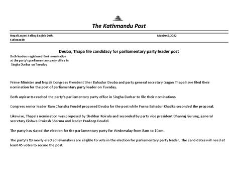 Nepal News Update: Deuba & Thapa Nominate for Party Leader Post - Studocu