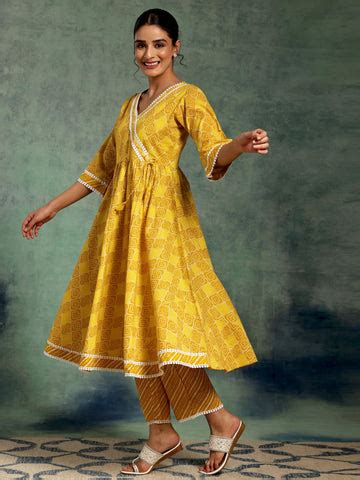 Buy Mustard Printed Cotton A-Line Kurta With Palazzos & Dupatta Online ...