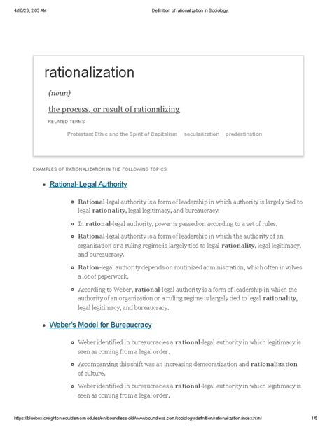 Definition of rationalization in Sociology - rationalization (noun) the ...