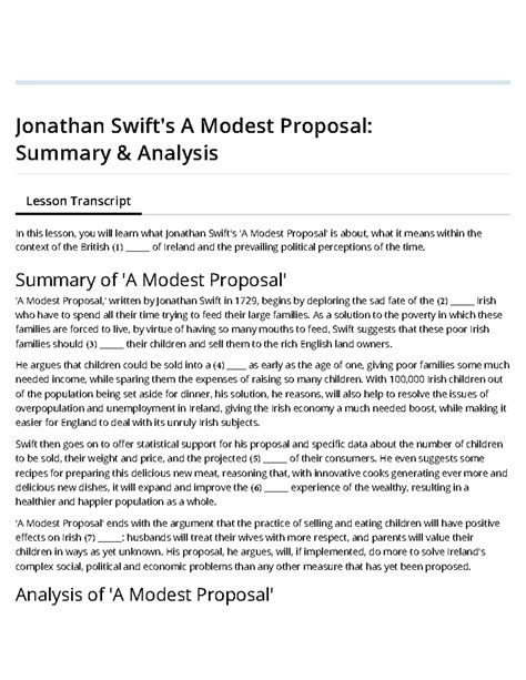 Jonathan Swift's A Modest Proposal- cloze - Jonathan Swift's A Modest ...