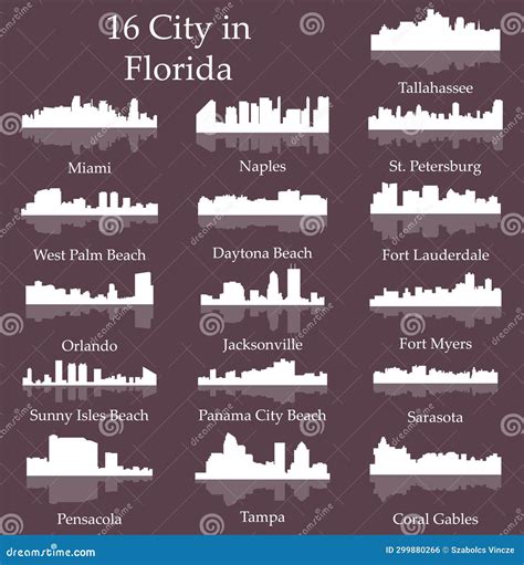 Set of 16 City Silhouette in Florida ( Tallahassee, Miami, Naples, Fort ...