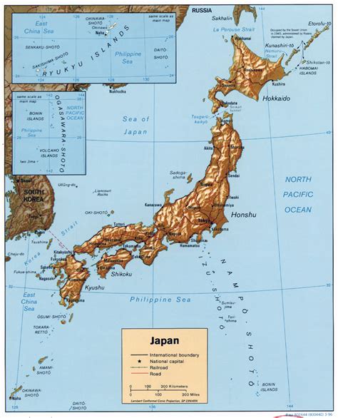 Large detailed political map of Japan with relief, roads, railroads and major cities - 1996 ...