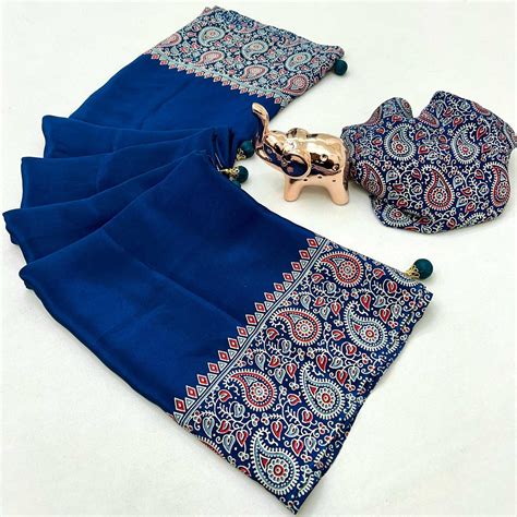 Royal Blue Satin Saree In Ajrakh Floral Print With Tassel Adorned Pall