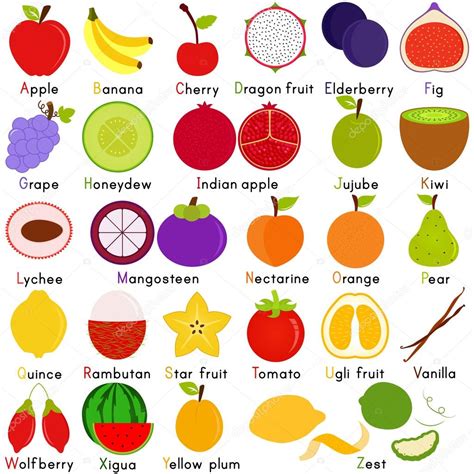 Iconos de fruta que representan el alfabeto A a Z 2023
