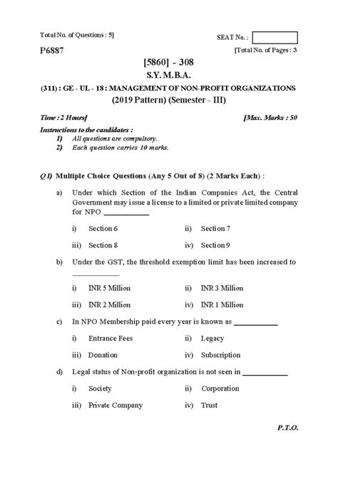311 (P1) Management OF NON- Profit Organizations - Total No. of ...