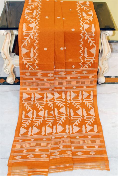 Hand Karat Needle Woven Work Pure Cotton Bengal Jamdani Saree in Musta ...