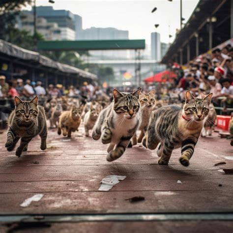 A group of cats are running in a race with a red sign in the background ...