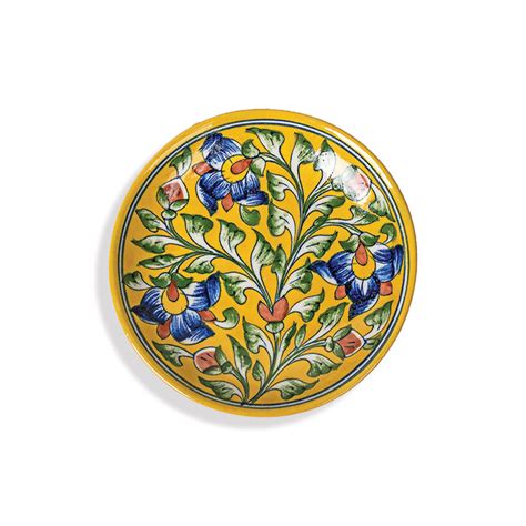 Handpainted 10 Inch Yellow Floral Blue Pottery Wall Plate – Kalavaati