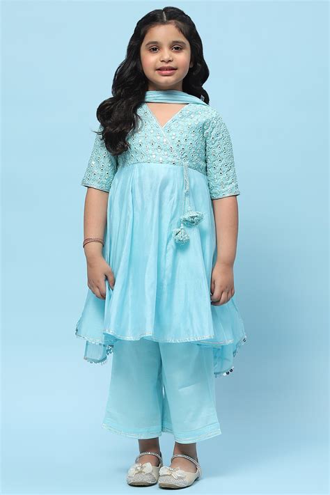 Buy Sky Blue Poly Chanderi Mirror work A-line Suit Set Online at Biba India