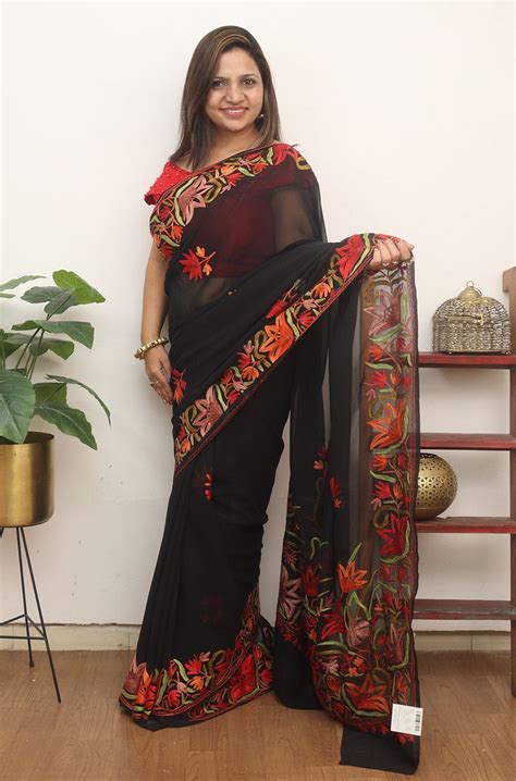 Black Embroidered Kashmiri Aari Work Georgette Saree - Luxurionworld