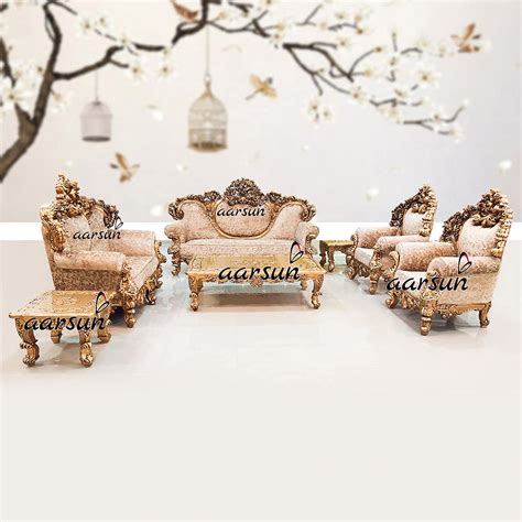 Aarsun 7 Seater Antique Gold Sofa Set and Center Table : Amazon.in ...