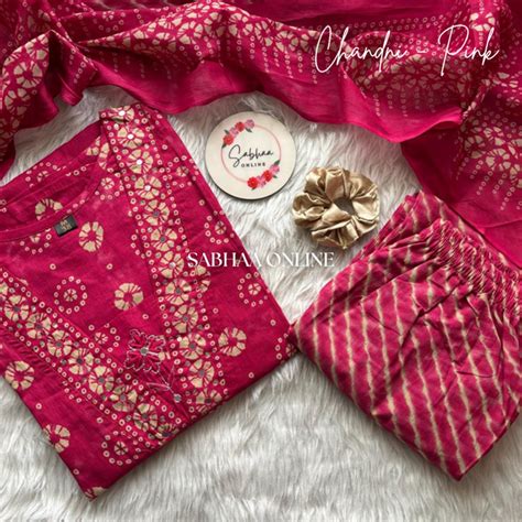 Chandni - Rani Pink Bandhej Cotton Kurti 3pc set – Sabhaa