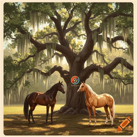Horses under live oak tree with Spanish moss logo on Craiyon