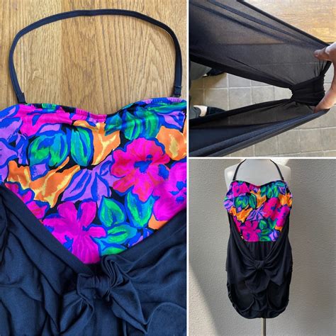 1990s Vintage LONGITUDE Black One Piece Maternity Swimsuit / Black Bathing Suit With Dayglo ...