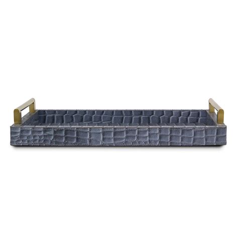 Eden Grey Rectangular Tray In Genuine Croco Leather